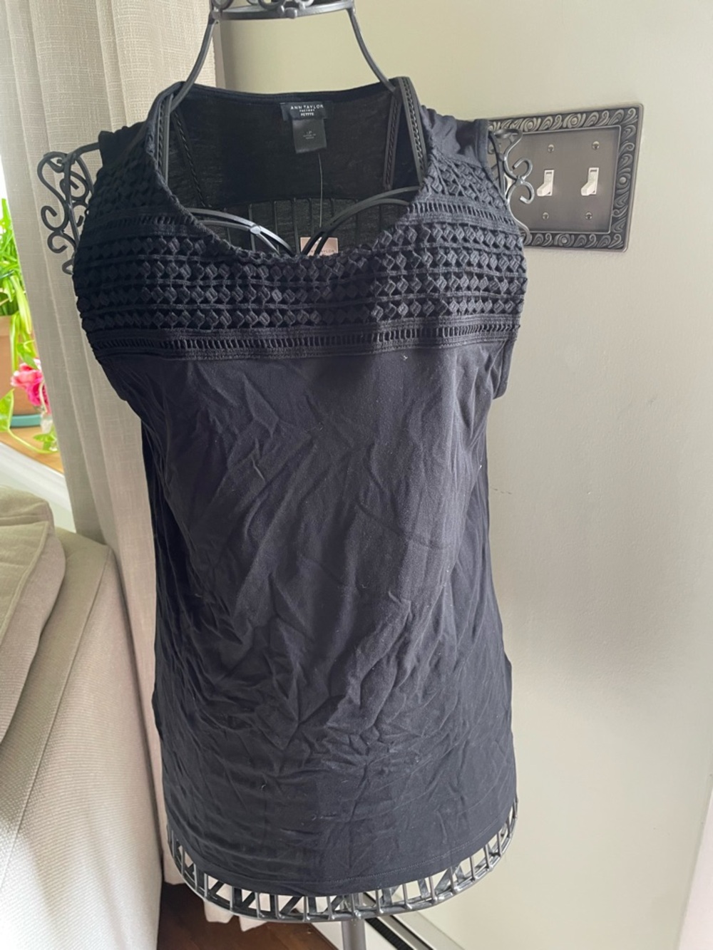 Ann Taylor Black Crochet Yoke Tank